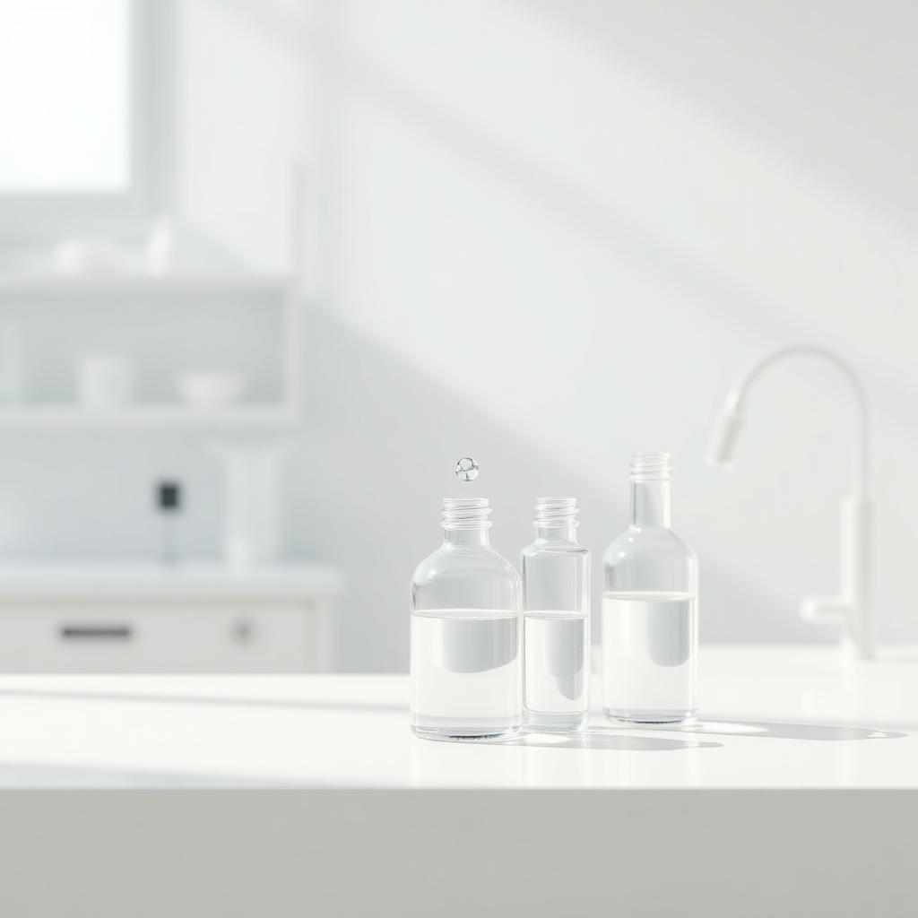 Skincare laboratory - glass flasks with clear serum